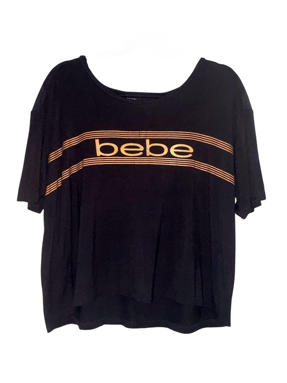 bebe Black Short-Sleeve Tee with Gold Stripe Logo